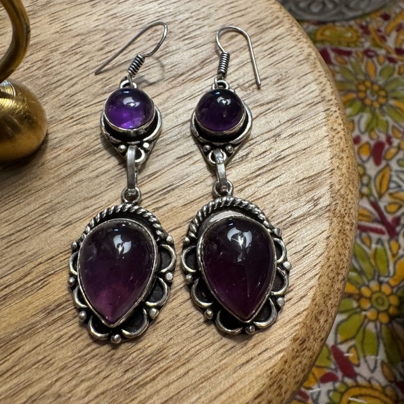 Sterling Silver Amethyst Vintage Handmade Double Drop Earrings - Picture 2 of 6